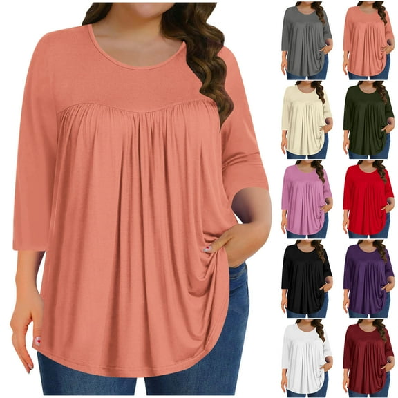 DIOAZUD Womens Plus Size Tops 3/4 Sleeve Tunic Crew Neck Shirts Summer Casual Loose Blouse Pleated Flowy Beach Tunic Top