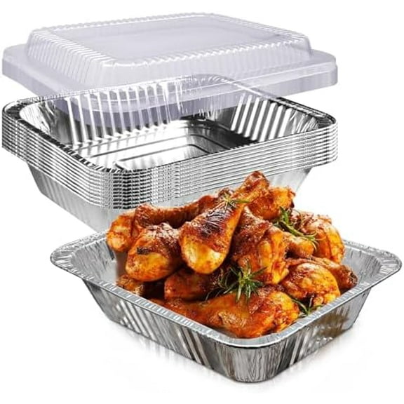 9x13 Disposable Aluminum Foil Pans with Clear Lids (10 Pack), Durable Half Size Deep Extra Heavy Duty Food Containers for Baking, Cooking, Roasting, Heating or Steam Table