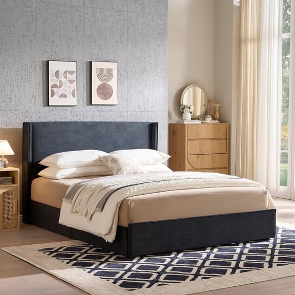 Queen Bed Frame and Upholstered Headboard, Platform Bed with Storage Drawers , Sturdy, Noiseless, No Box Spring Needed, Easy Assembly, Black