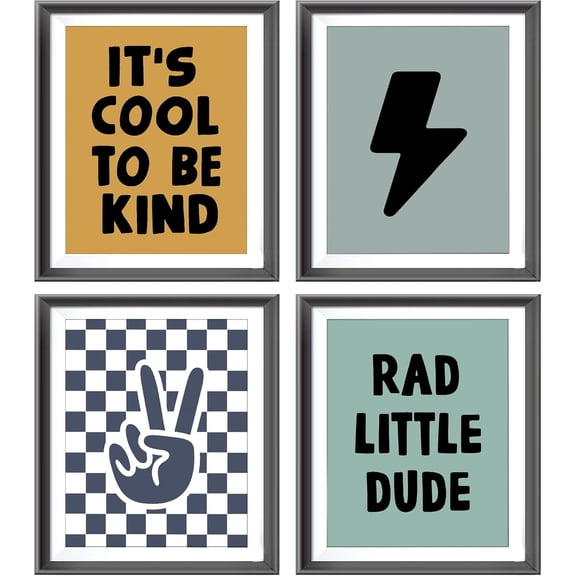 Retro Black Checkered Preppy Lightning Peace Hand Sign Poster Prints for Boy Teen Room Dorm Decor,Lake Blue Rad Little Dude Funny Decorations Prints Wall Art Unframed 4pcs,Teen Boys Gifts