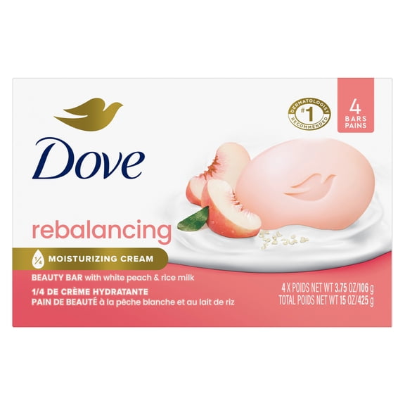 Dove Beauty Bar Soap For Rebalanced Skin, Rebalancing White Peach & Rice Milk, With Moisturizing Cream to Nourish Skin, 3.75 oz 4 Count