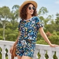 thumbnail image 3 of PatPat Women Lounge Sets 2 Piece Pajama Sets Short Sleeve Top and Shorts Loungewear Floral Print Trendy Home and Street Outfits Sets with Drawstring Pockets, Dark Blue, S, 3 of 10