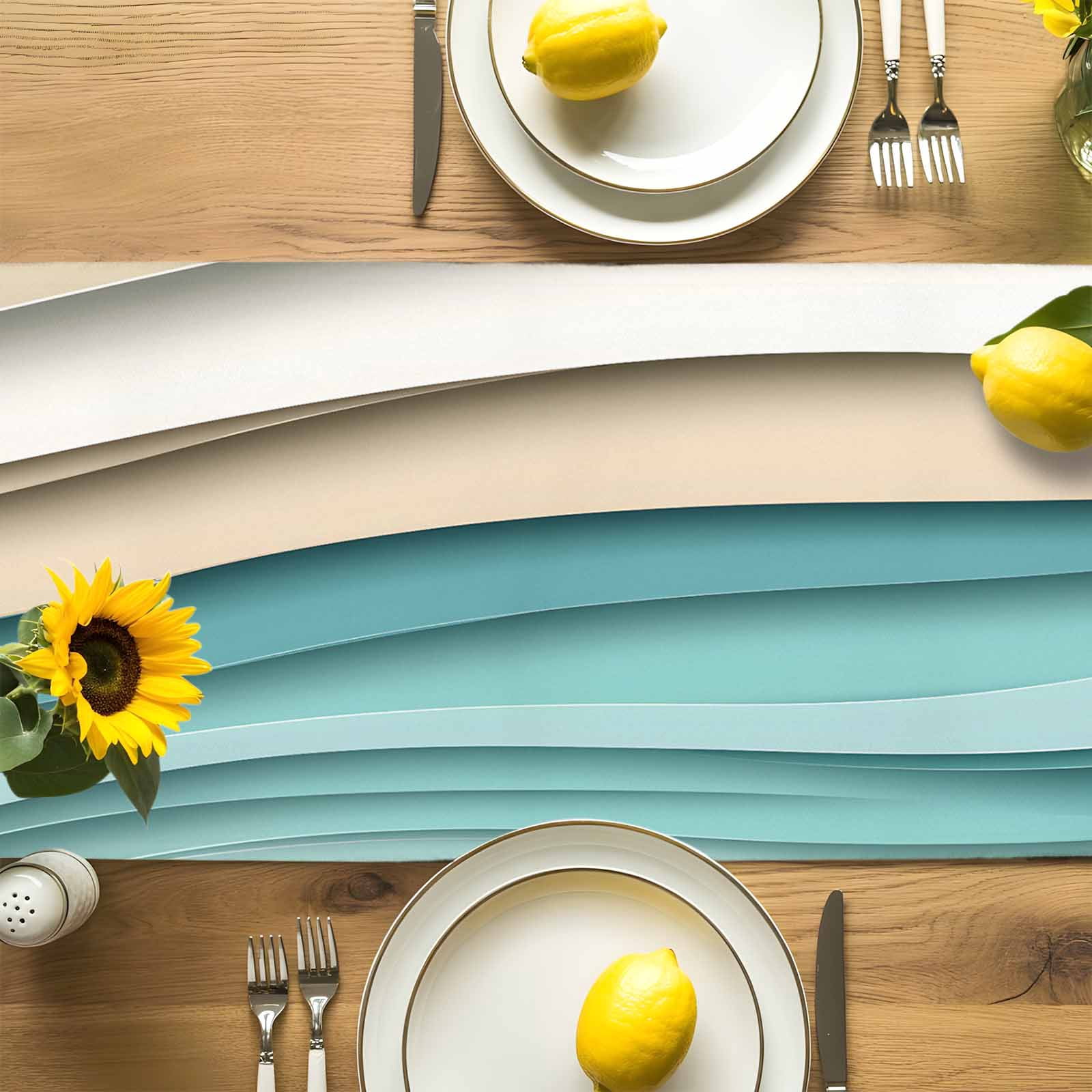 Teal Brown Gradient Water Ripple Table Runner 90 Inches Long, Abstract Geometric Table Runners Tabletop Scarf Kitchen Dining Tables Decoration for Home Party Indoor Outdoor