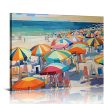Nawypu  Colorful Beach Umbrella Landscape Nautical Deep Blue Canvas Third Wall Art, 20x16 inch
