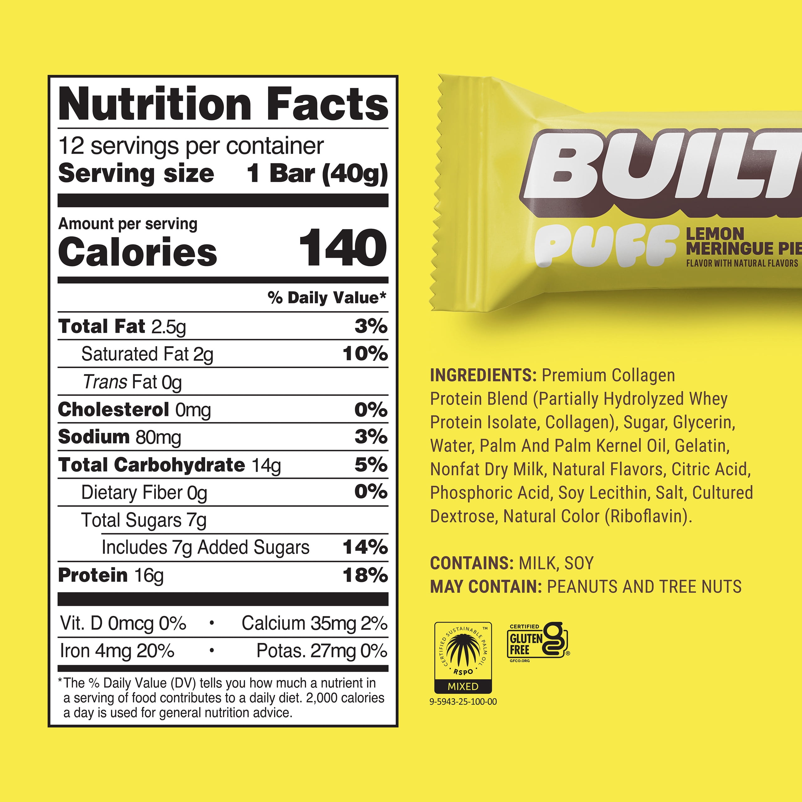 BUILT Puff Protein Bar, Lemon Meringue Pie, 16g Protein, Collagen, 140 Calories, Single 1.41 oz Bar