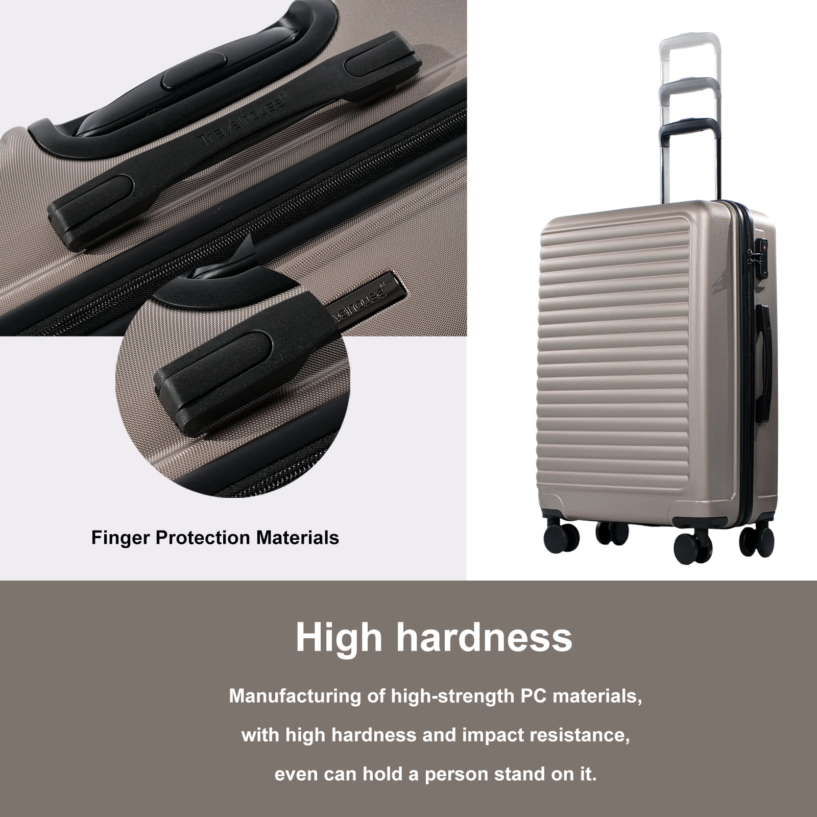 Travelhouse 3 Piece Hardside Luggage Set Hardshell Lightweight Suitcase with TSA Lock Spinner Wheels 20in24in28in.(Gold)