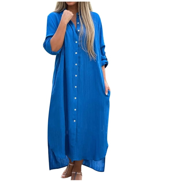 cfhntfmh Robes Grande Taille pour Femmes Coton Lin Confortables Chemises à Boutons Robe Décontractée Automne Col à Manches Longues Robe Maxi
