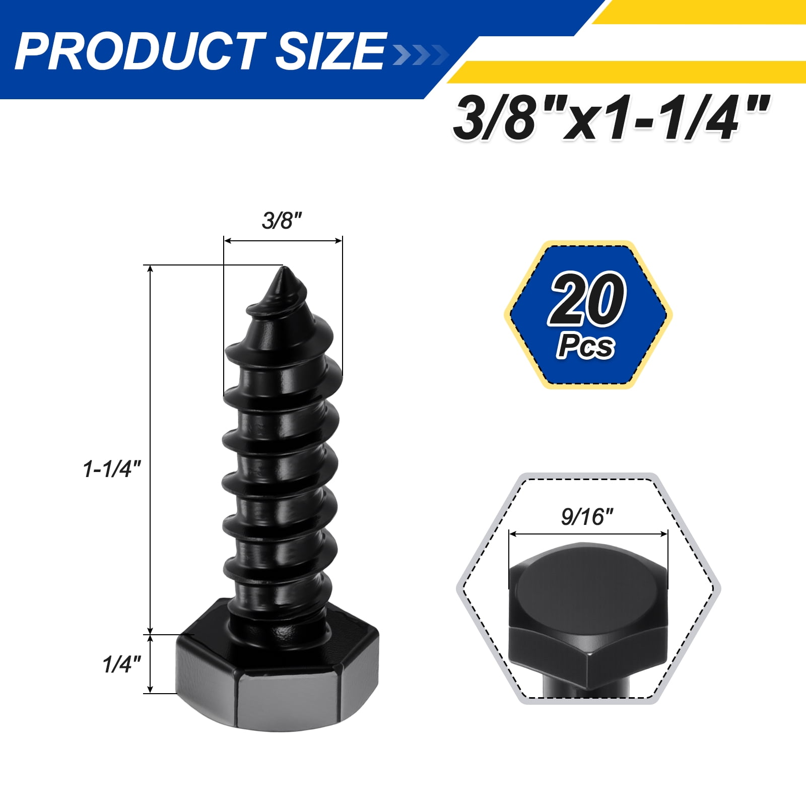 Uxcell 20 Pcs Hex Head Lag Screws - 3/8"x1-1/4" Stainless Steel 18-8 (304) Lag Bolts Hexagon Head Heavy Duty Wood Screws for Wood, Decks, Fences, Furniture, Black