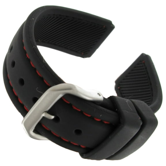 Hadley Roma MS3345 22mm Men's Black Rubber Genuine Rubber Watch Band Red Stitched