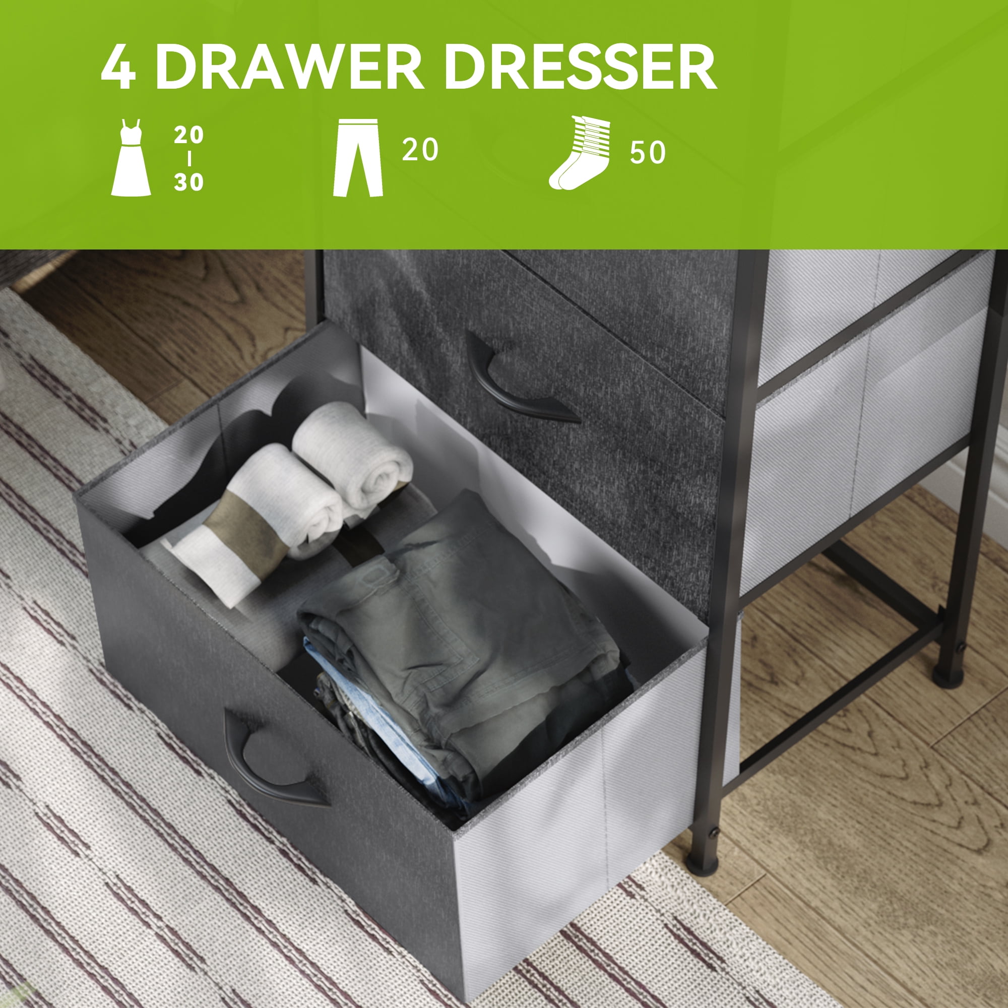 DEXTRUS 4-Drawer Fabric Dresser for Adults & Teens, Bedroom & Office Storage Chest, Black Gray