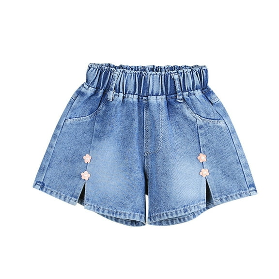 Taqqpue Denim Shorts for Girl Mid Rise Stretchy Loose Short Jeans Floral Printed Plus Size Shorts Casual Mid Waisted Denim Shorts with Pockets 2-7Y