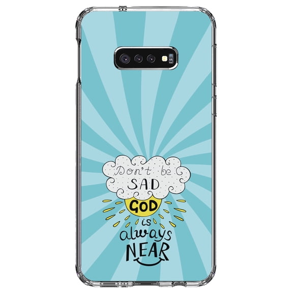 DistinctInk Clear Shockproof Hybrid Case for Samsung Galaxy S10e (5.8" Screen) - TPU Bumper, Acrylic Back, Tempered Glass Screen Protector - Don't be Sad, God is Always Near