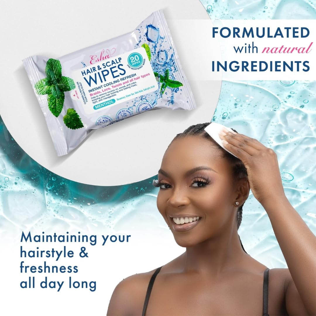 Esha Hair & Scalp Wipes – Instant Cooling Refresh for Braids, Locs, Twists & All Hair Types – 20 Count