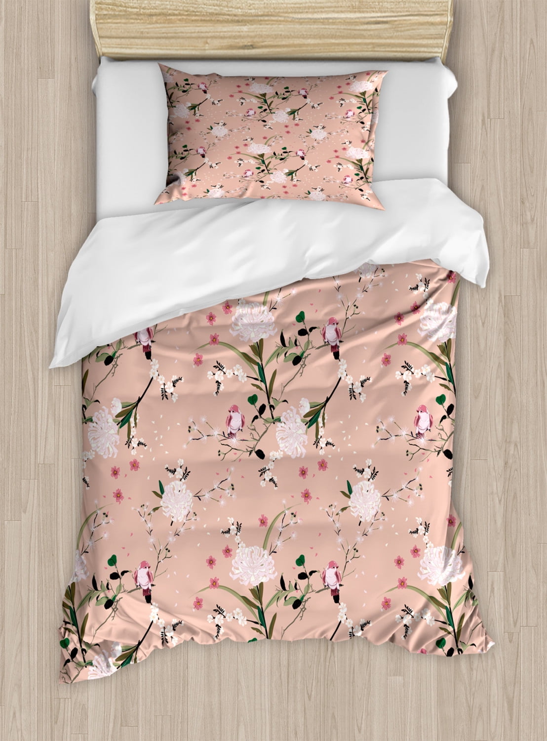 Vintage Duvet Cover Set, Oriental Garden with Birds on Floral Branches