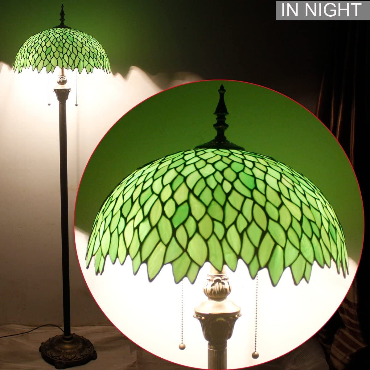 WERFACTORY Tiffany 64” 2-Light Art Nouveau Green Stained Glass Floor Lamp with Wisteria Shade