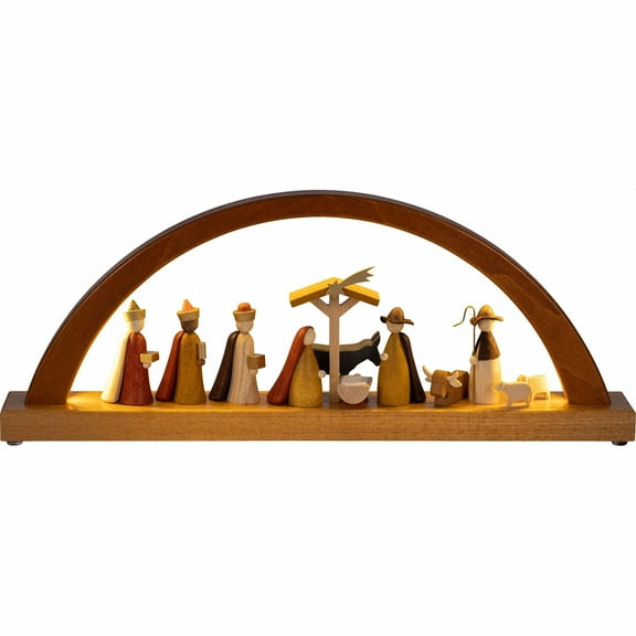 German candle arch LED Nativity scene, length 40 cm / 16 inch, natural, electrically illuminated, original Erzgebirge by Richard Glaesser Seiffen