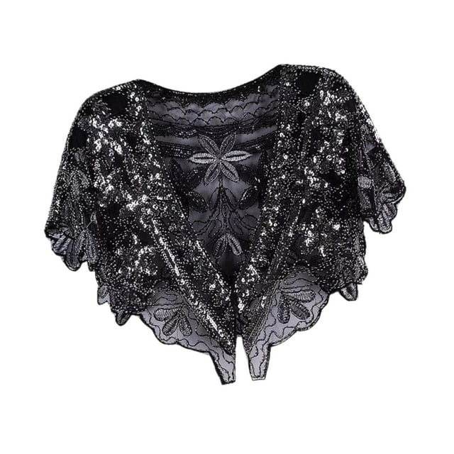 Chal de los años 20 para mujer jinwen capa de hombro negro plata 25 cm x 40 cm