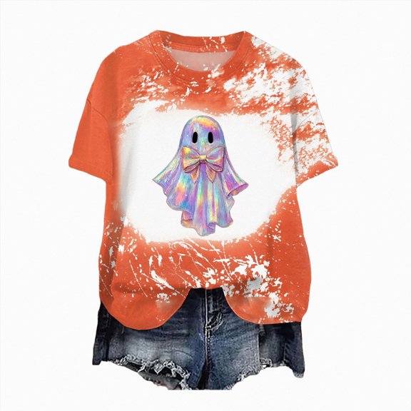 TOWED22 Halloween Teacher Shirts for Women Cute Spooky Season T Shirt Funny Bow Ghost Graphic Tee Tops Short Sleeve Shirt(Orange,XXL)