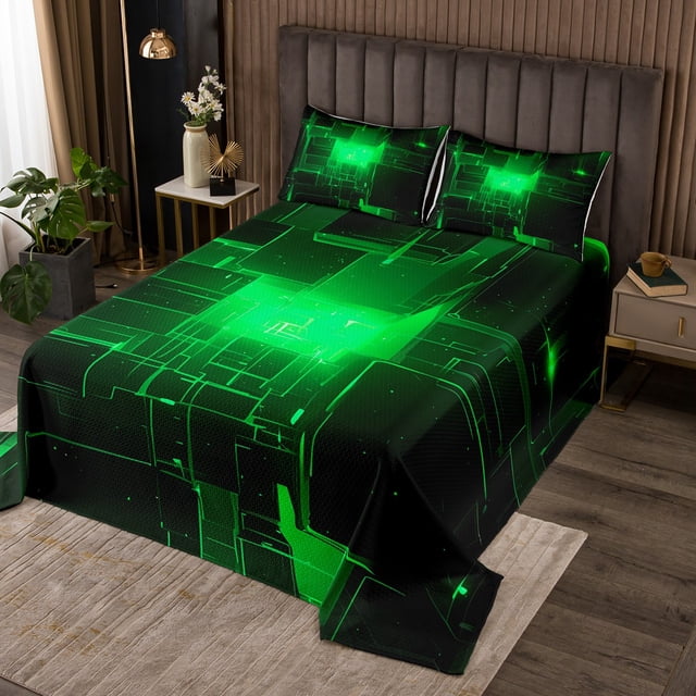 Black Green Abstract Coverlet Set Stereoscopic Square Bedspread Set, Geometry Grid Quilt Set Kids Neon Light Checkered Bed Set, Glowing Plaid Bedding Set 3D Modern Bedroom Decor King 3Pcs