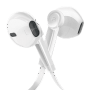 Headphones with Microphone Certified PowerStereo Flat Wired 3.5mm In-Ear Earphones Control Crystal Sound Earbuds for iPhone iPad iPod Laptop Tablet Android LG Smartphones (White)