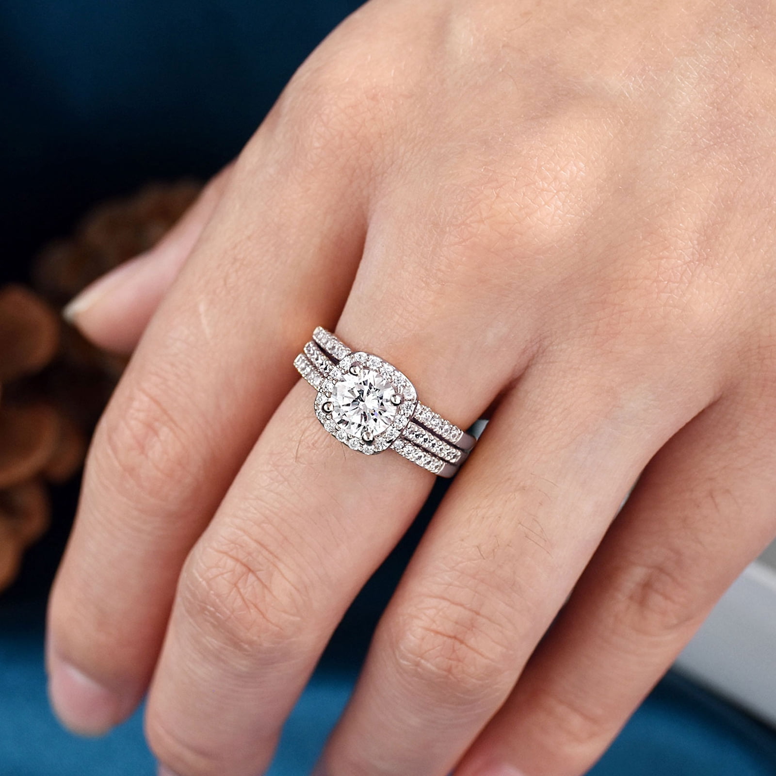 Newshe Jewellery 2Ct Halo Wedding Ring Set For Woman Engagement Rings Round AAAAA Cz 3pcs Size 5