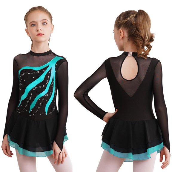 iiniim Kids Girls Long Sleeve Sequins Printing Ice Roller Figure Skating Dress Ballet Dancewear Size 6-16 Lake Green 16