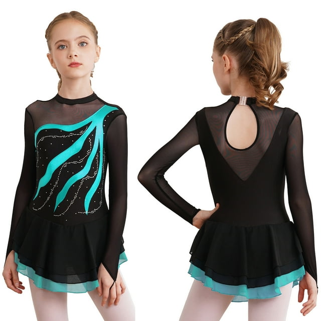 TiaoBug Robe de Patinage en Maille Élégante pour Filles avec Strass Manches Longues Danse Ballet Tutu Vert Lac 6