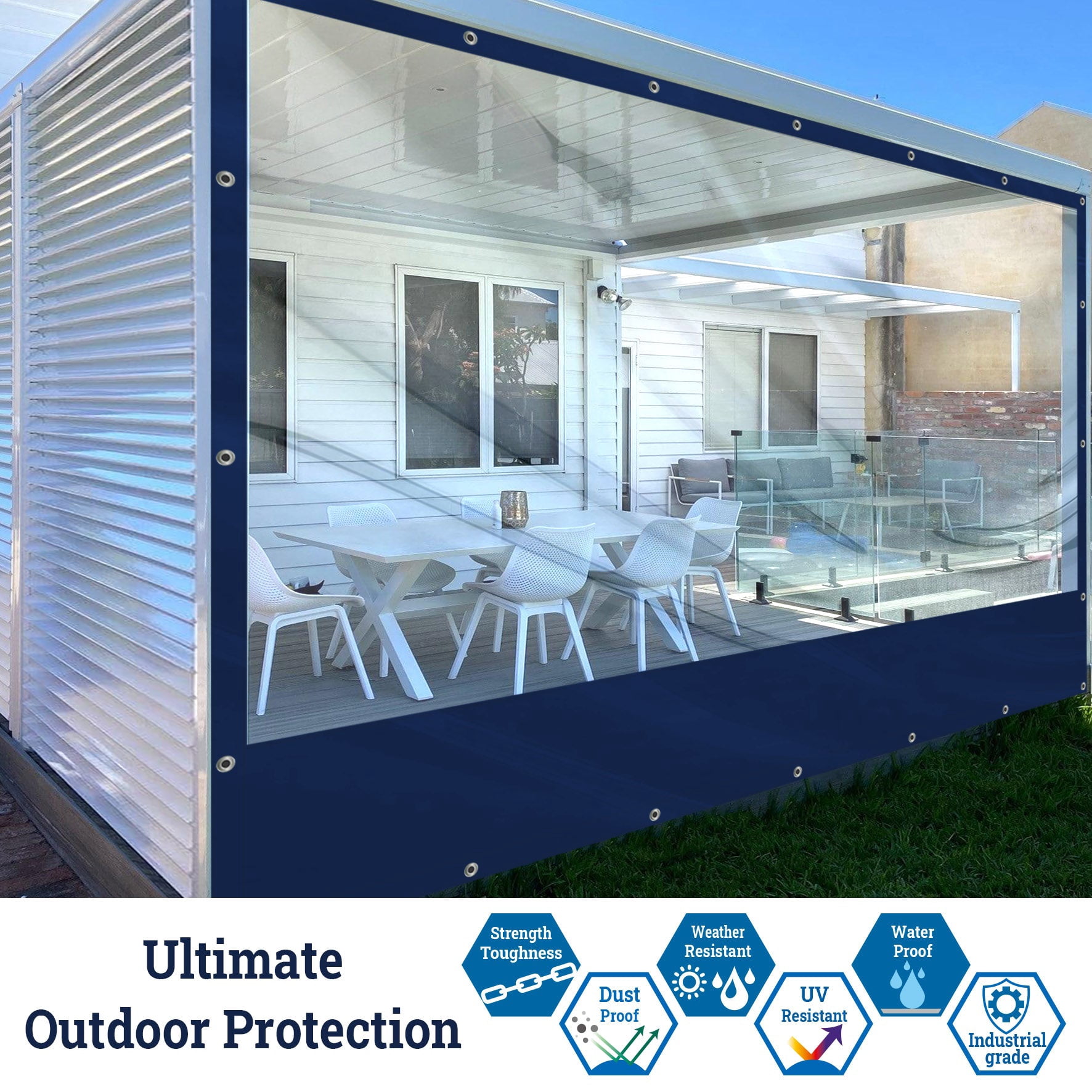 SUNNYOUTDOOR 8x20 ft PVC Vinyl Tarp Clear Sidewall for Straight Canopy Tent Transparent Sunwall with Bottom Fabric 16 Mil (Blue)