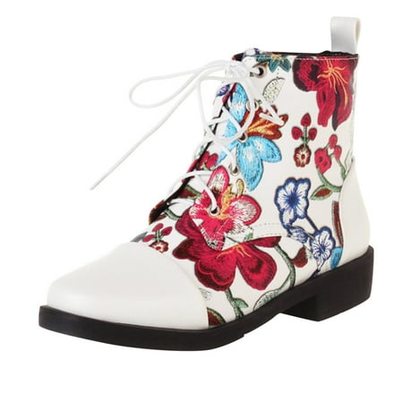 

Mid-Calf Boots for Women Vintage Splicing Printed Flower Ankle Boots Women Shoes Women Lace-up Boots PU Dress Sandals for Women White