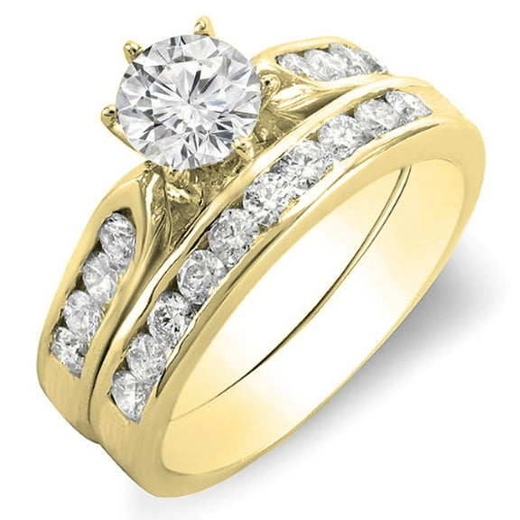 Dazzlingrock Collection 1.40 Carat (ctw) 14K Round Diamond Bridal Engagement Ring Set With Matching Band, Yellow Gold, Size 8