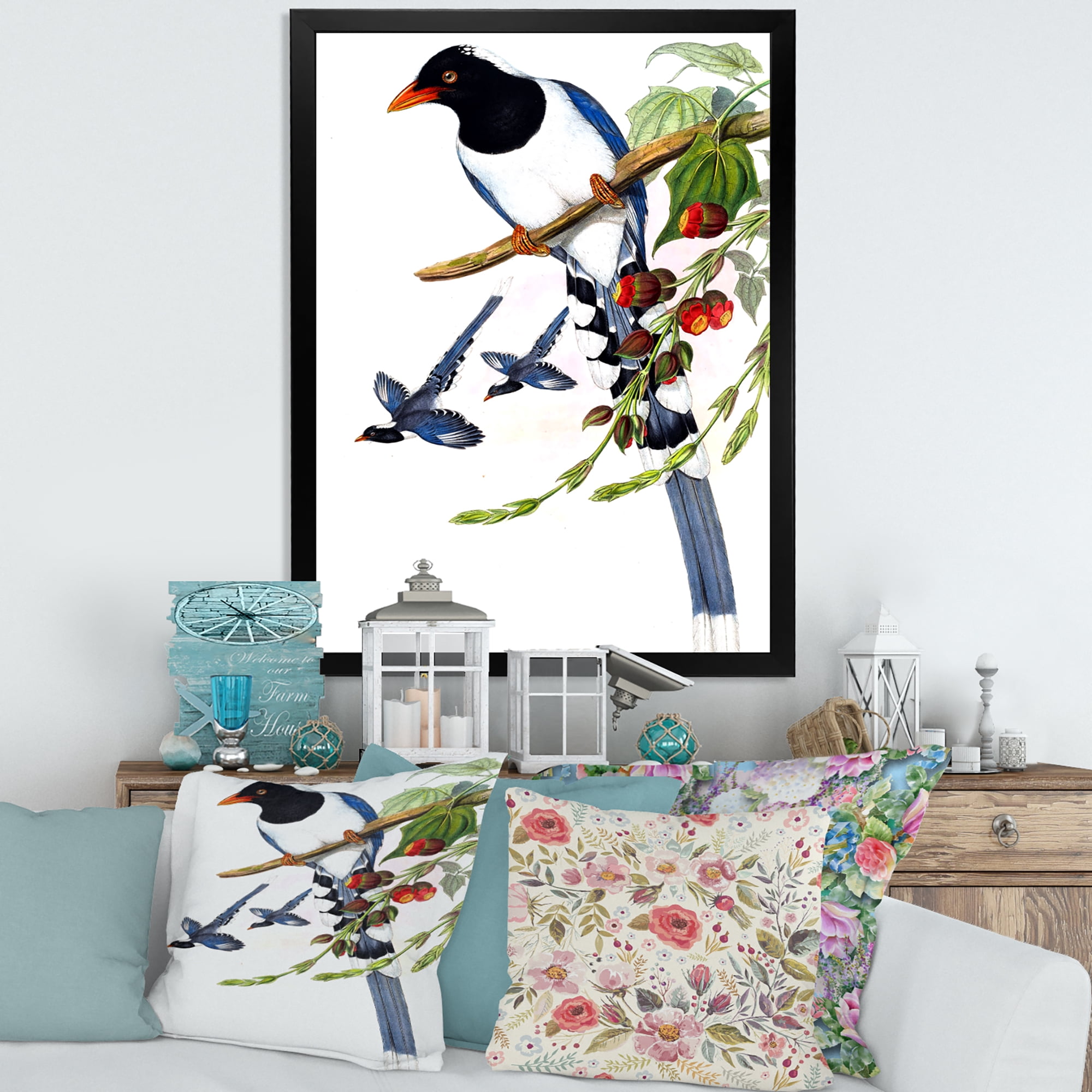 Designart 'Vintage Countryside Birds On Branch IV' Farmhouse Framed Art Print