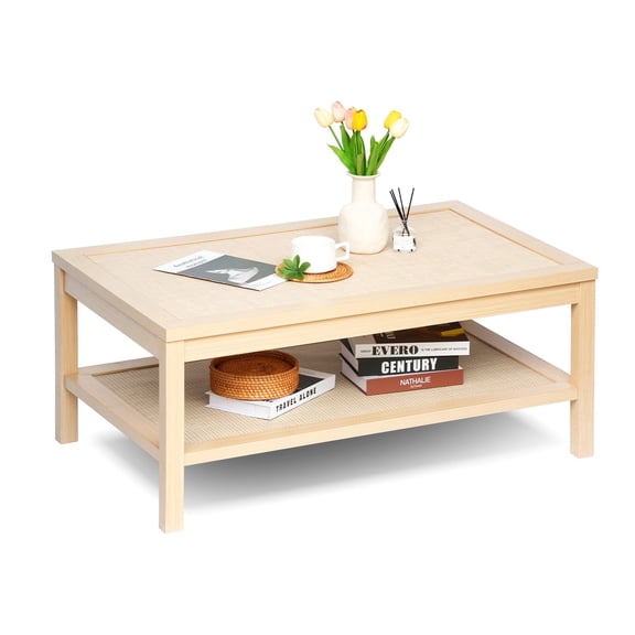 【HOSTK】Rattan Shelf Coffee Table, 2-Tier Modern Farmhouse Wood Table, Light Natural Color, Sturdy & Stable Frame, Ideal for Living Room Storage & Decor