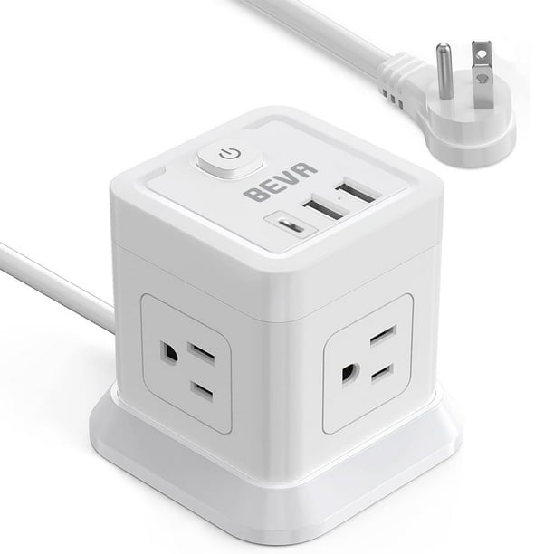 Power Strip BEVA Cube Desktop, 4 salidas, 3 puertos USB, cable de 10 pies