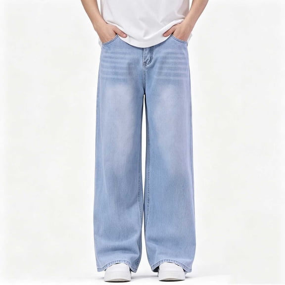 Qunyiney Boy Jeans Baggy Blue Wide Leg Denim Pants Relaxed Fit Casual with Pockets Jeans Size 13-14years