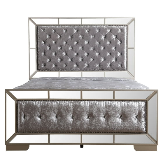 Contemporary Home Living Diamond Tufted Upholstered Queen Panel Bed with Mirror - 92" - Silver