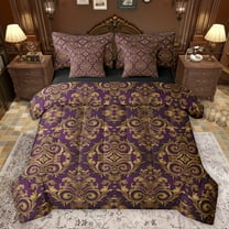 Homewish Vintage Baroque Floral 7-Piece Twin Bedding Sets,Damask Victorian Bedding Comforter Set,Gold Purple Sheet Sets For Adults,Microfiber Bedroom Decor Reversible