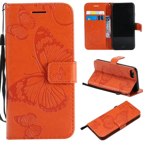 iPhone SE 2020 Case, iPhone 8 Wallet Case, iPhone 7 Case, Dteck Embossed Big Butterfly Magnetic Flip PU Leather Folio Stand Case Cover Built-in Card Slots & Money Pocket, with wrist Strap, Orange