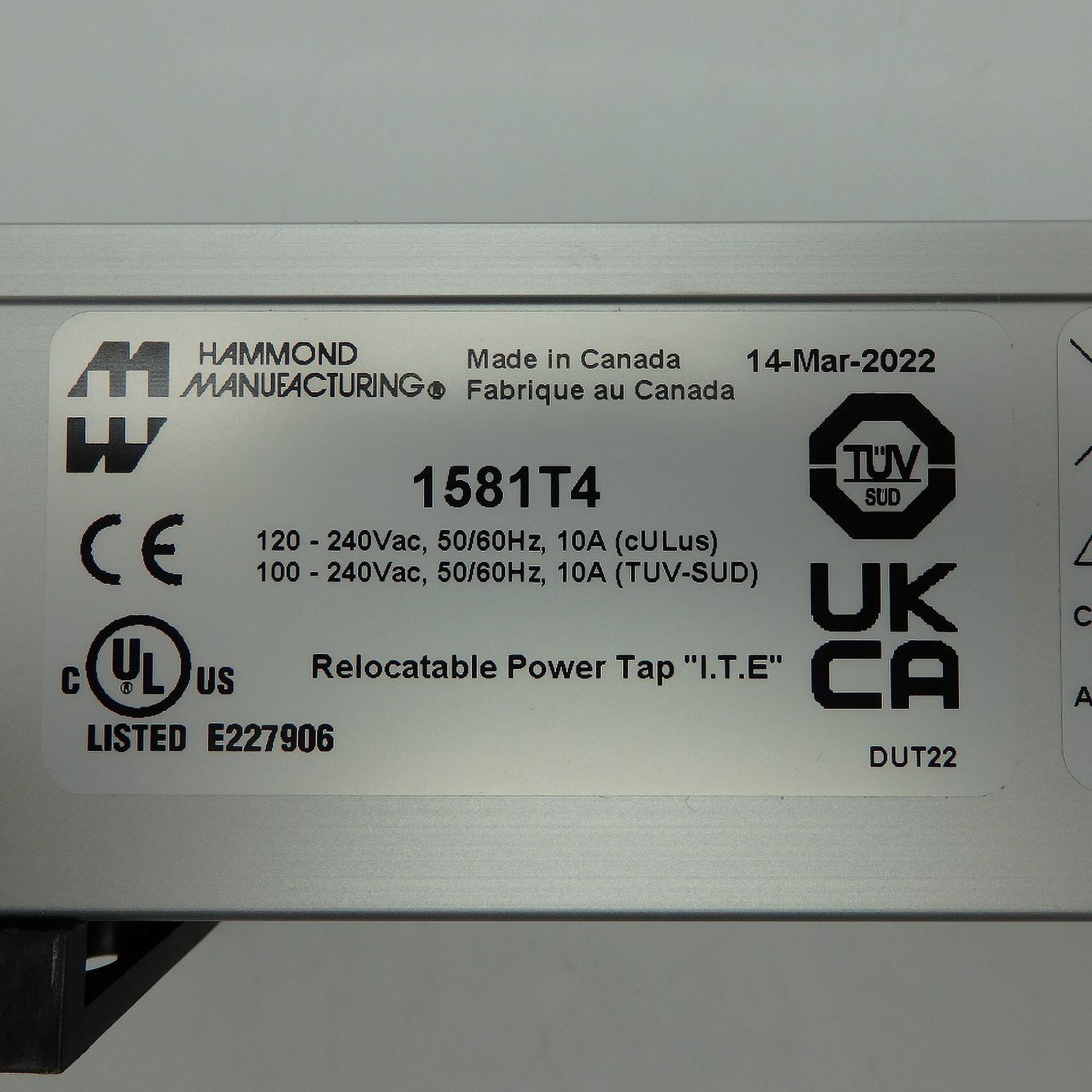 Pack of 1, Hammond Manufacturing 1581T4, Power Strip, Basic, 4 Outlets, Rack Mnt, Cur-Rtg 10A, Wo/Cord Cord, Pilot Light, Front