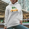 thumbnail image 2 of Jingle All the Way with Hand Drawn Christmas Tree on Top of a Yellow Car Art Merch Gift, White Hooded Sweatshirt or Hoodie, Small, 2 of 5