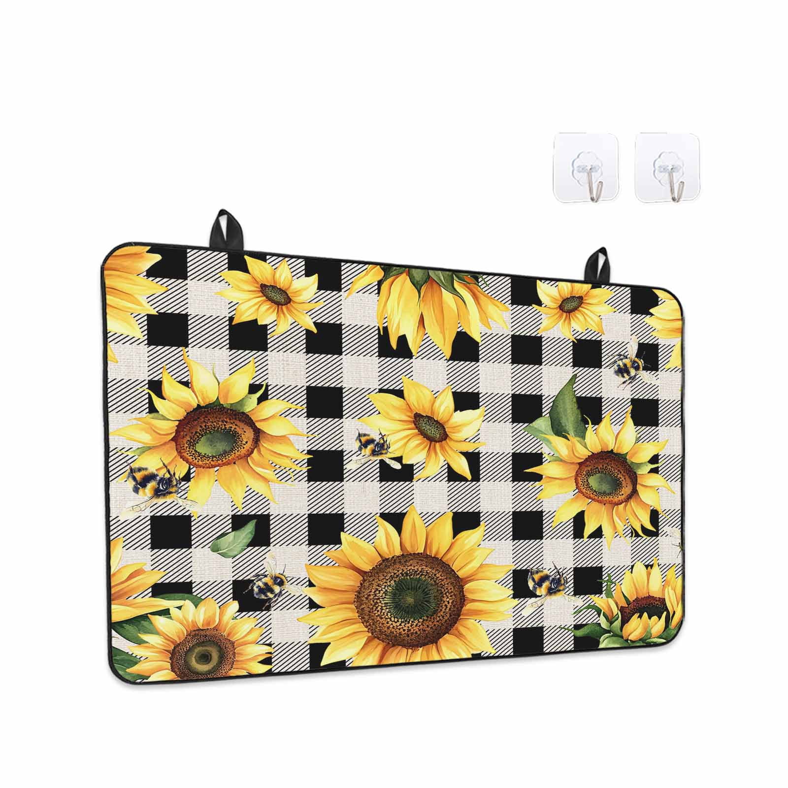 Summer Sunflowers Stove Top Cover for Electric Stove, Heat-proof & Non Slip Glass Top Stove Cover Protector, Pastoral Black Plaid Farmhouse Kitchen Flat Cooktop Rubber Mat 28.5x20.5 Inches