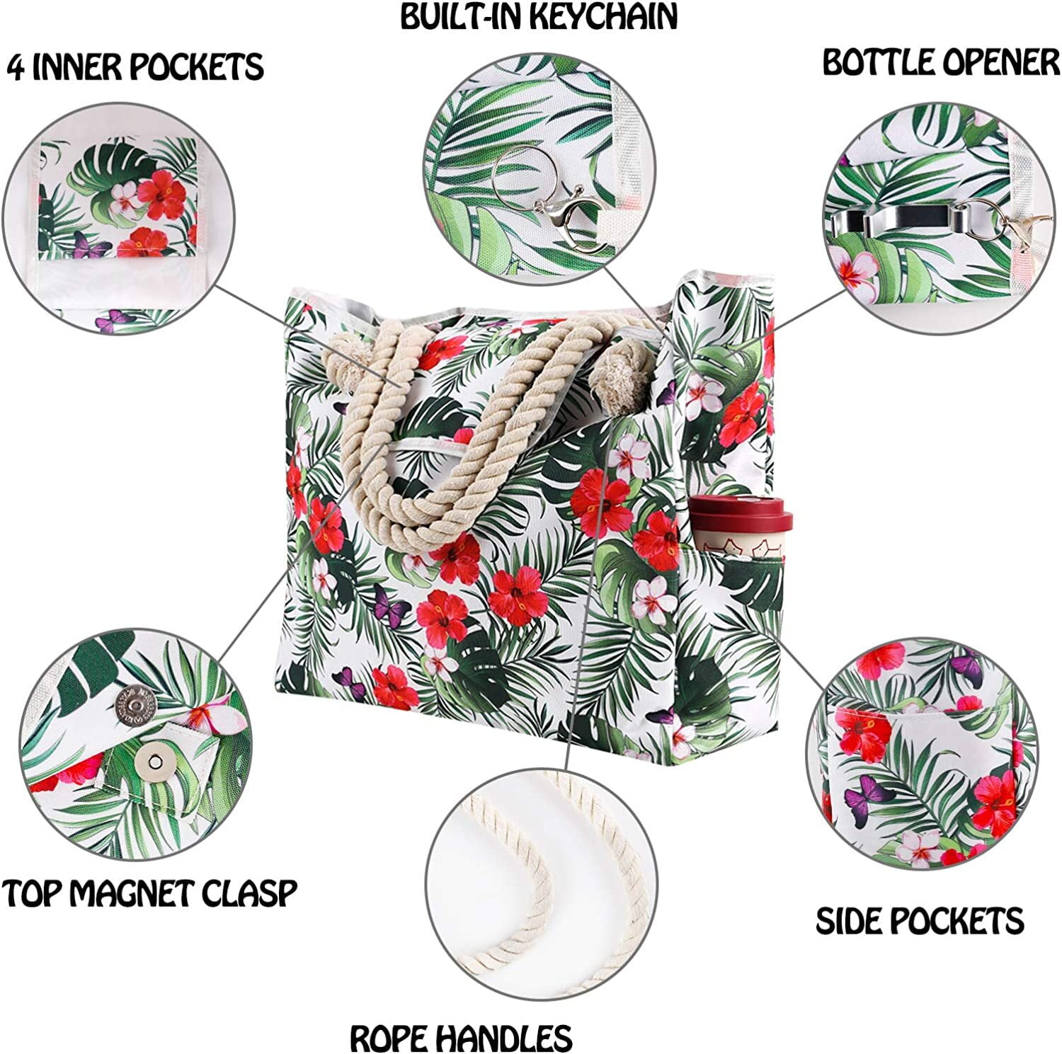 Extra Large Waterproof Canvas Beach Bag With 4 Inner Pockets Personalized Tote Bag Travel Handbag for Women Beach Travel Gym Swim Holiday Short Trip Weekend Getaway Overnight Gift for Friend Women