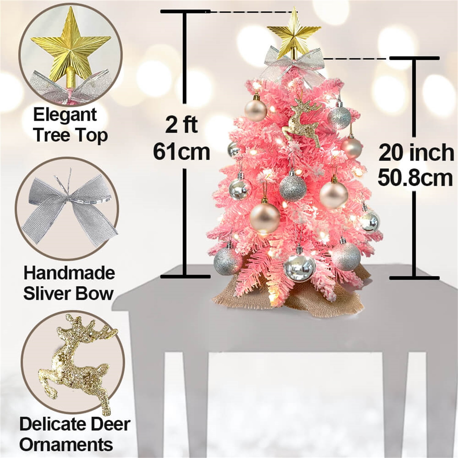 Lowestbest Exquisite Christmas Tree with LED Lights & Decoration, 2ft TableTop Mini Small Xmas Trees, Flocked Artificial Arbol de Navidad - Pink Lowestbest Exquisite Christmas Tree with LED Lights & Decoration, 2ft TableTop Mini Small Xmas Trees, Flocked Artificial Arbol de Navidad - Pink