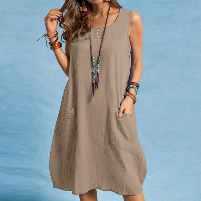 RWJDXD Robes Courtes Décontractées Unies pour Femmes 2024 Mode Été Robe Midi Évasée Élégante Vintage