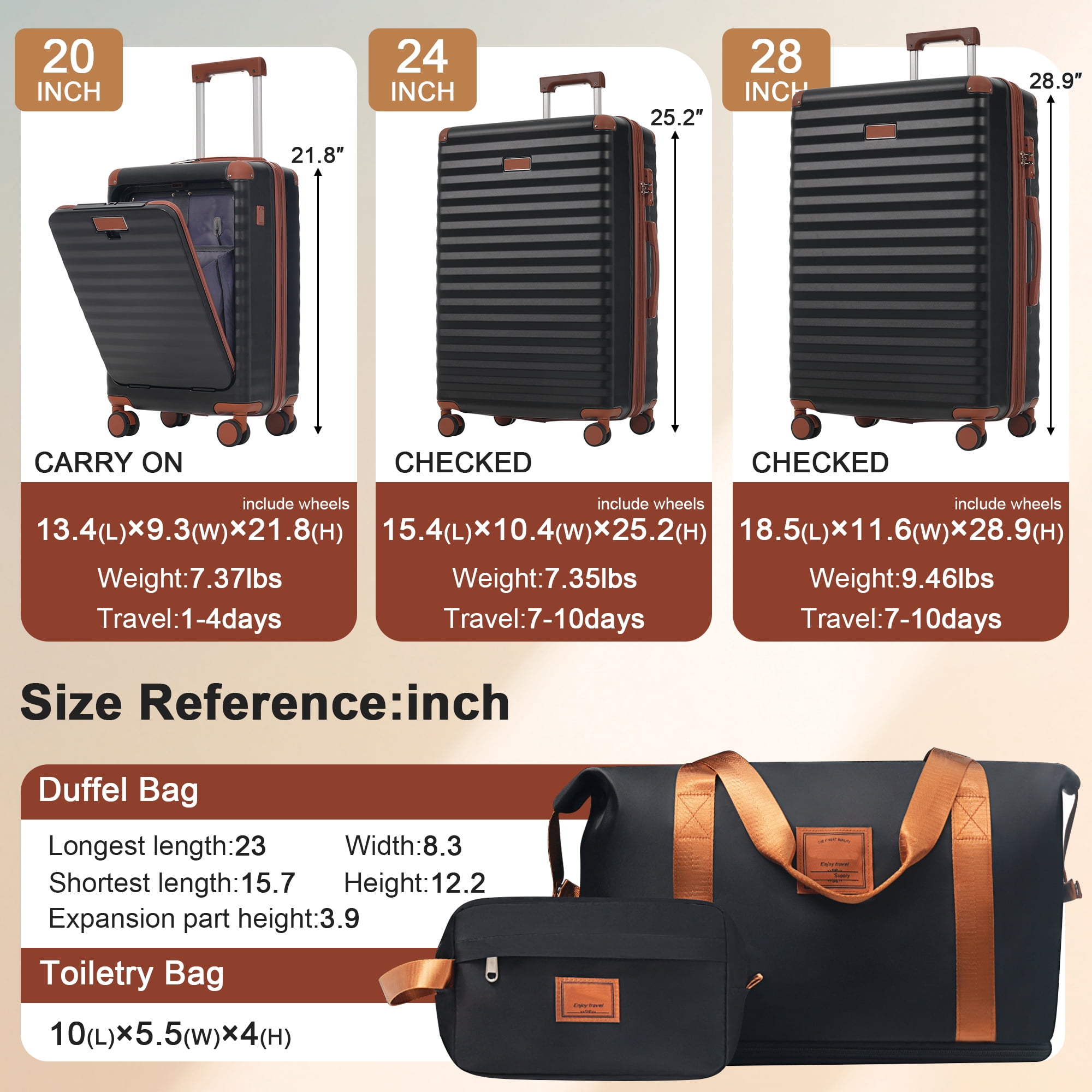 Luggage Sets 5 Piece with Front Opening , Hardside Expandable Carry on Suitcase with Spinner Wheels TSA Lock USB Port Cup Holder Duffel Bag and Toiletry Bag