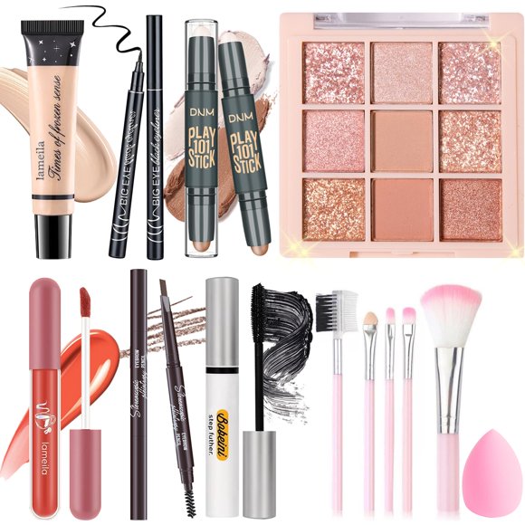 YBUETE Juego de maquillaje para mujeres, niñas y adolescentes, juego de regalo que incluye 9 colores de sombra de ojos, base en barra, lápiz de cejas, delineador de ojos, máscara, brillo de labios, 5