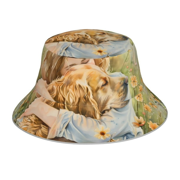 Balery Girl Hugging Dog Flowers Sombreros para el sol para hombre y mujer, sombrero de pescador con UPF 50+