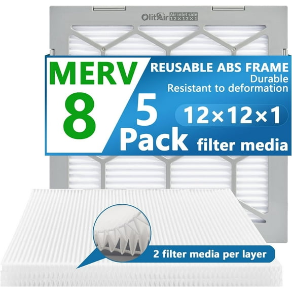Air Filter - Furnace/HVAC, 12x12x1, MERV 8 - 5-Pack, Reusable ABS Frame - Pleated PET/PP