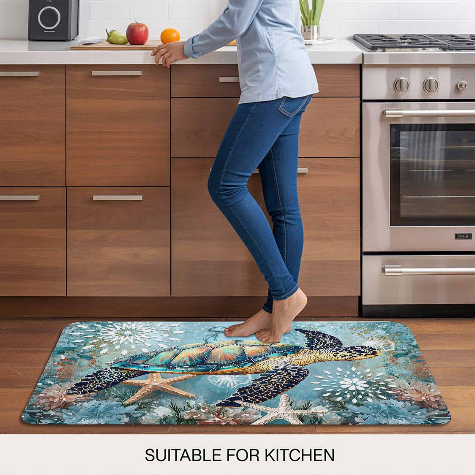 Coastal Sea Turtle Doormat Outdoor Entrance 16"x24", Vintage Teal Nautical Beach Botanical Absorb Moisture Dirt Door Mats, Non-Slip Rubber Backing Floor Mats Indoor, Low-Profile Front Door Rugs