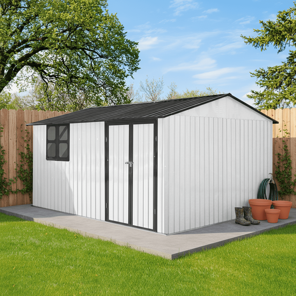 Mintazer 12×10 Ft All-Weather Metal Outdoor Storage Shed, Large Garden Tool Storage Building with Window for Backyard Lawn Patio, Beige & White