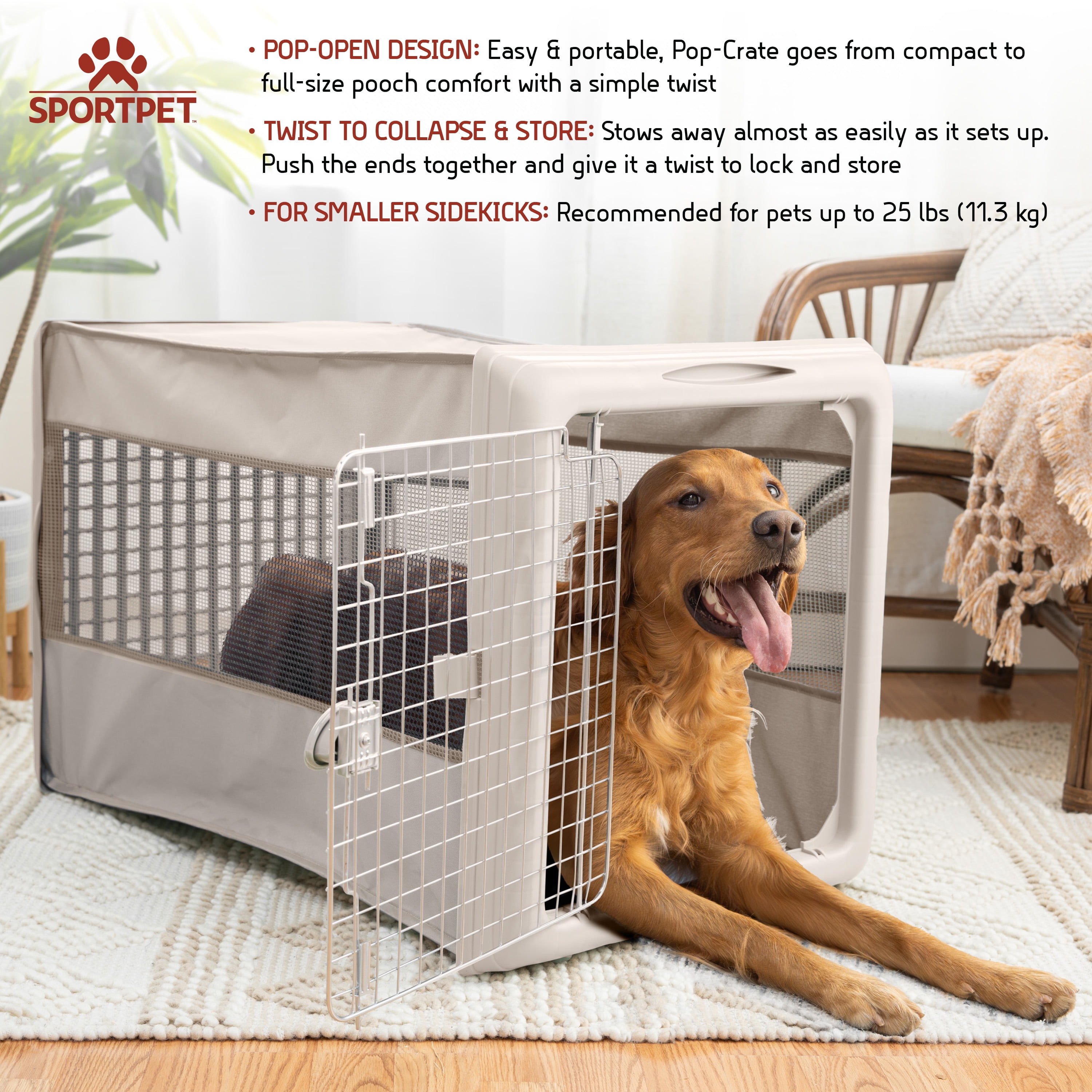SportPet Large Pop-Crate Foldable Plastic Travel Kennel for Dogs with Ventilated Side Panels